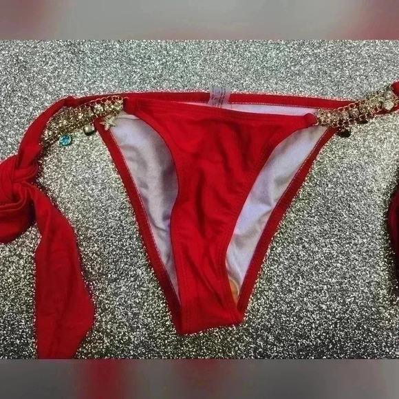 RED JEWELED TYE UP BIKINI SIZE  MED - Picture 3 of 6